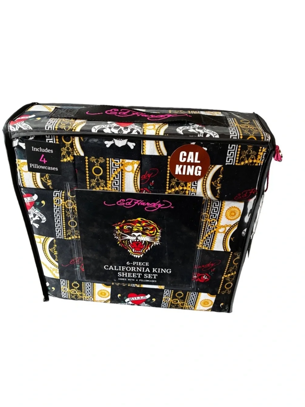 NWT Ed Hardy Cal King 6pc Sheet Set Love Kills Slowly Tiger Black Gold